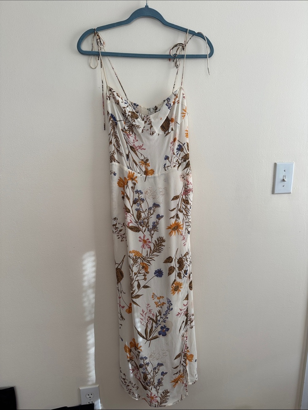 Reformation Floral Tie-Shoulder Maxi Dress in Cream with Mustard & Blue - Picture 2 of 12